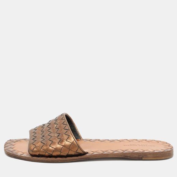 Bottega Veneta Gold Intrecciato Leather Flat Slides Size 37,All Products : American Fashion Style Bags On Sale